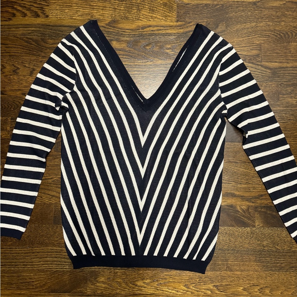 Zara NWOT Deep V-neck Striped Sweater in Navy, Size: S